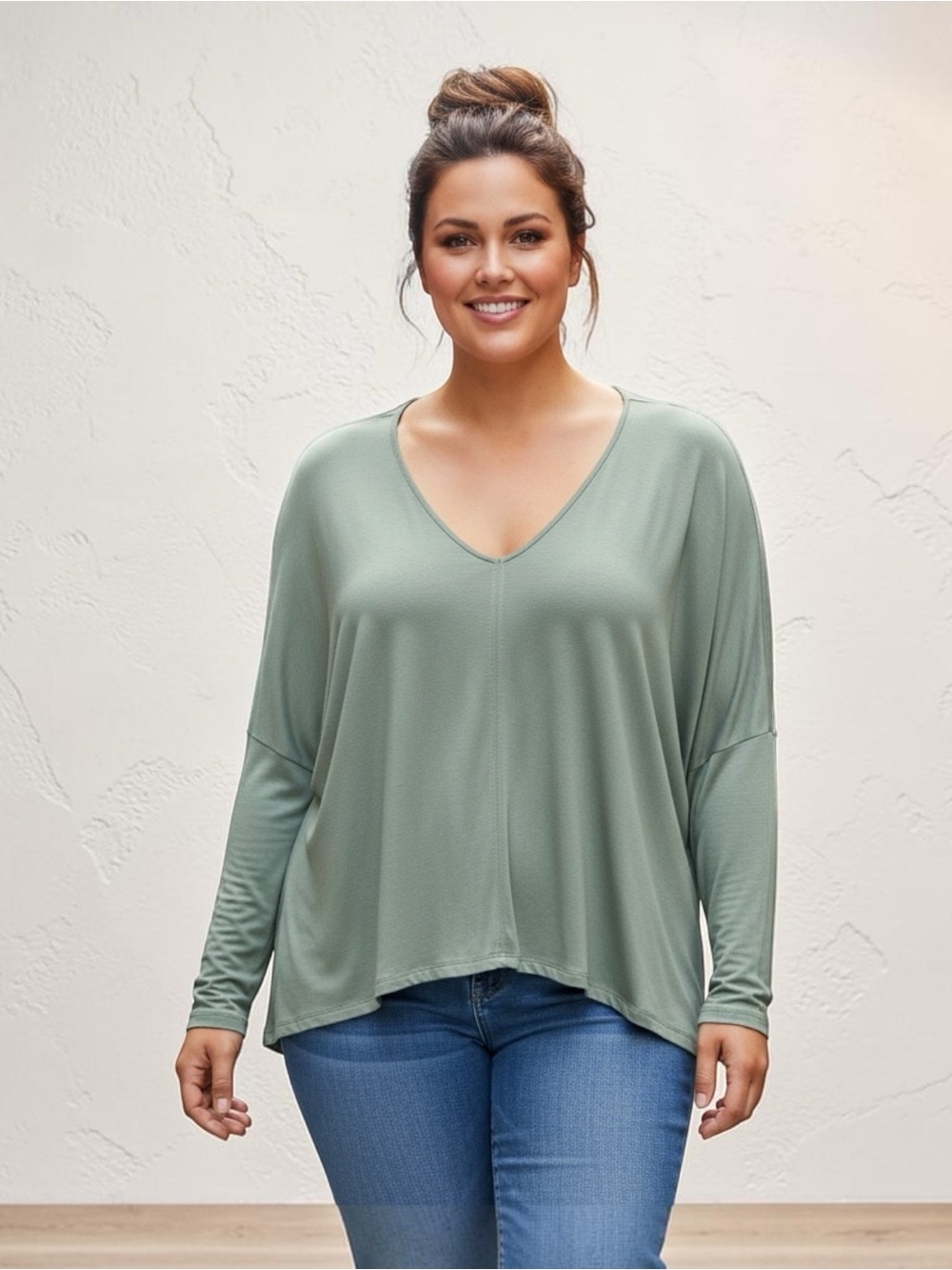 NEW Hudson V-Neck Long Sleeve Top - Sage Green, 2X